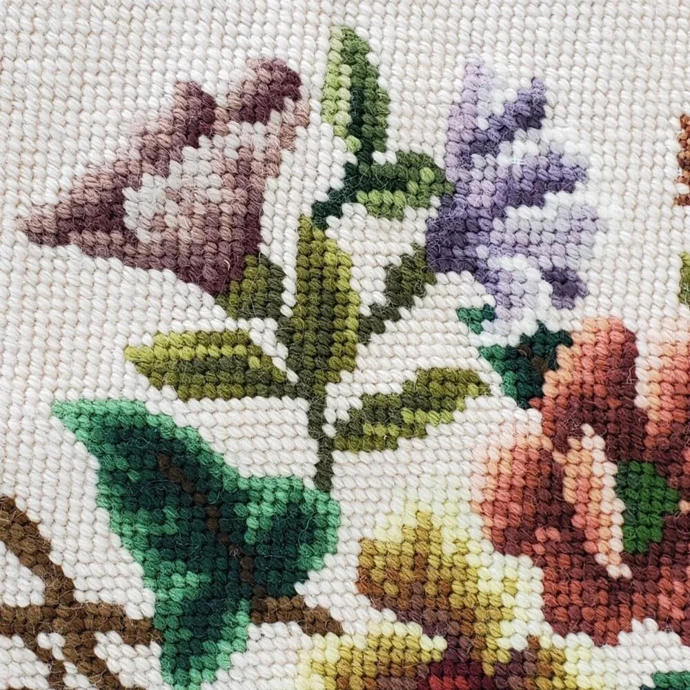 Embroidered Floral Tapestry Piece 16x14 Square Handmade Bird Cottagecore Flowers - Picture 5 of 7
